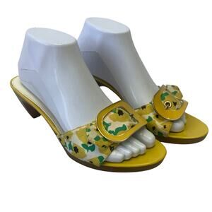 Bandolino Womens Sz 8 Yellow White Floral Print Buckle Slide Sandals Shoes Heels
